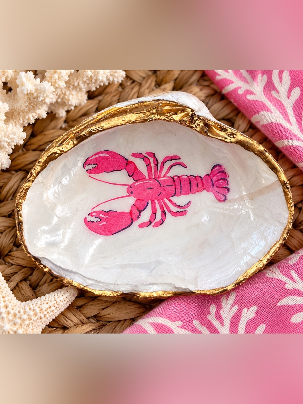 Hand-Painted Pink Lobster Shell Trinket Dish
